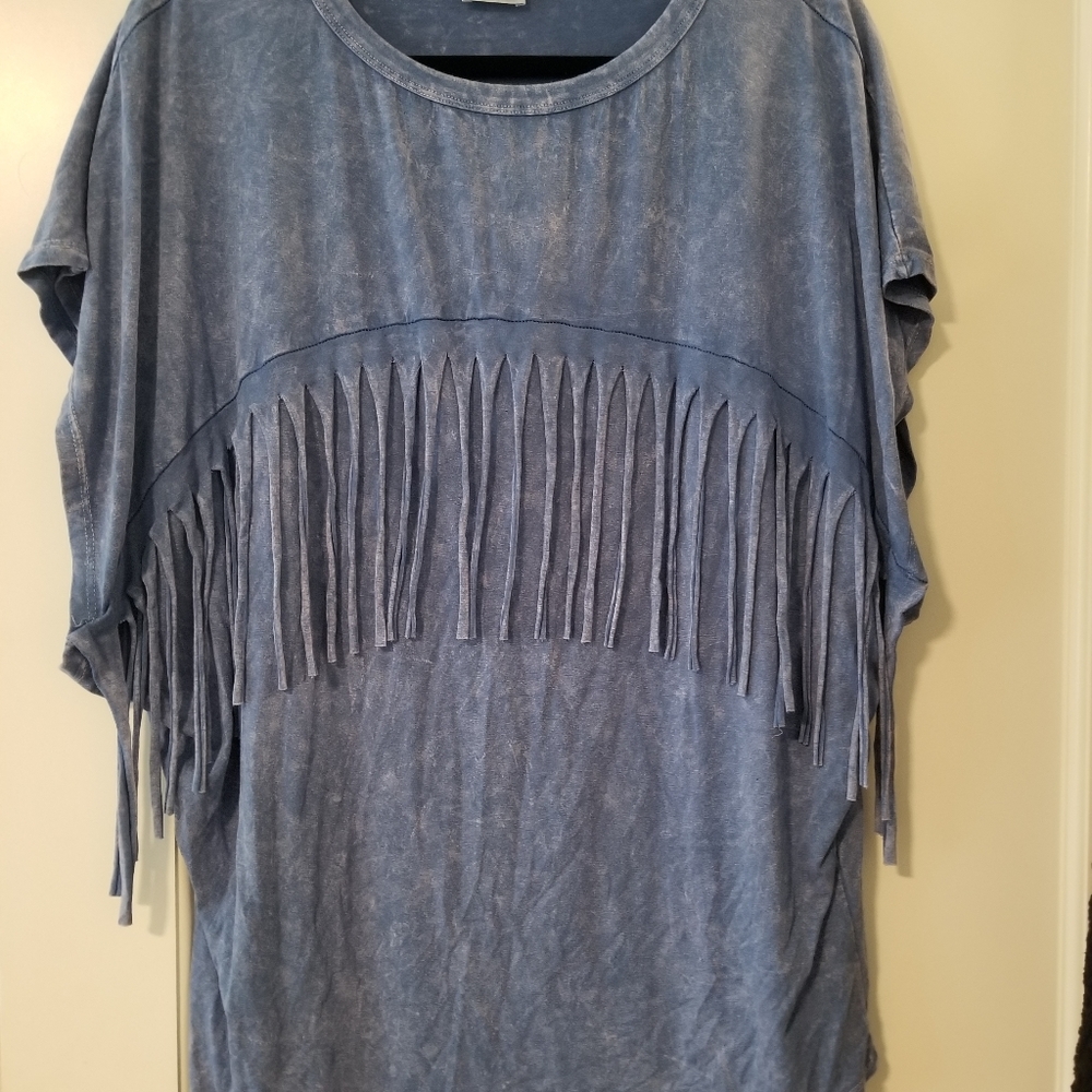 Denim wash fringe shirt large
